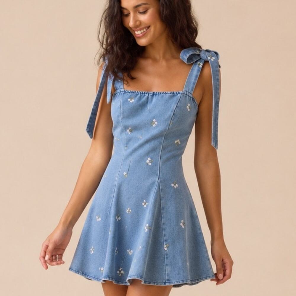 Altar’d State Floral Embroidered Denim Tie Strap Romper NWOT